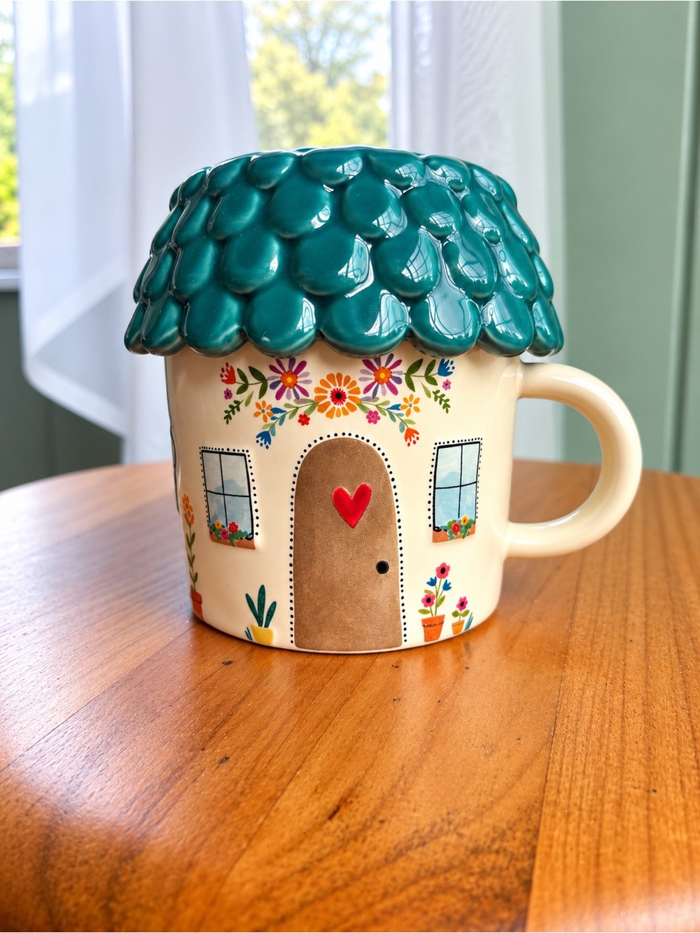 Natural Life Cottage House Mug Teal Roof Lid Floral Dog Cup of Cozy Whimsical